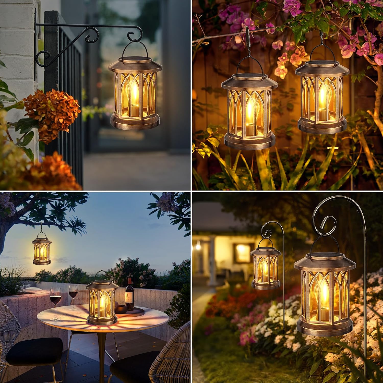 Detalle de BUCASA Solar Lanterns Outdoor Garden Lights (2-pack) – Retro hexagon hanging solar ornaments in bronze