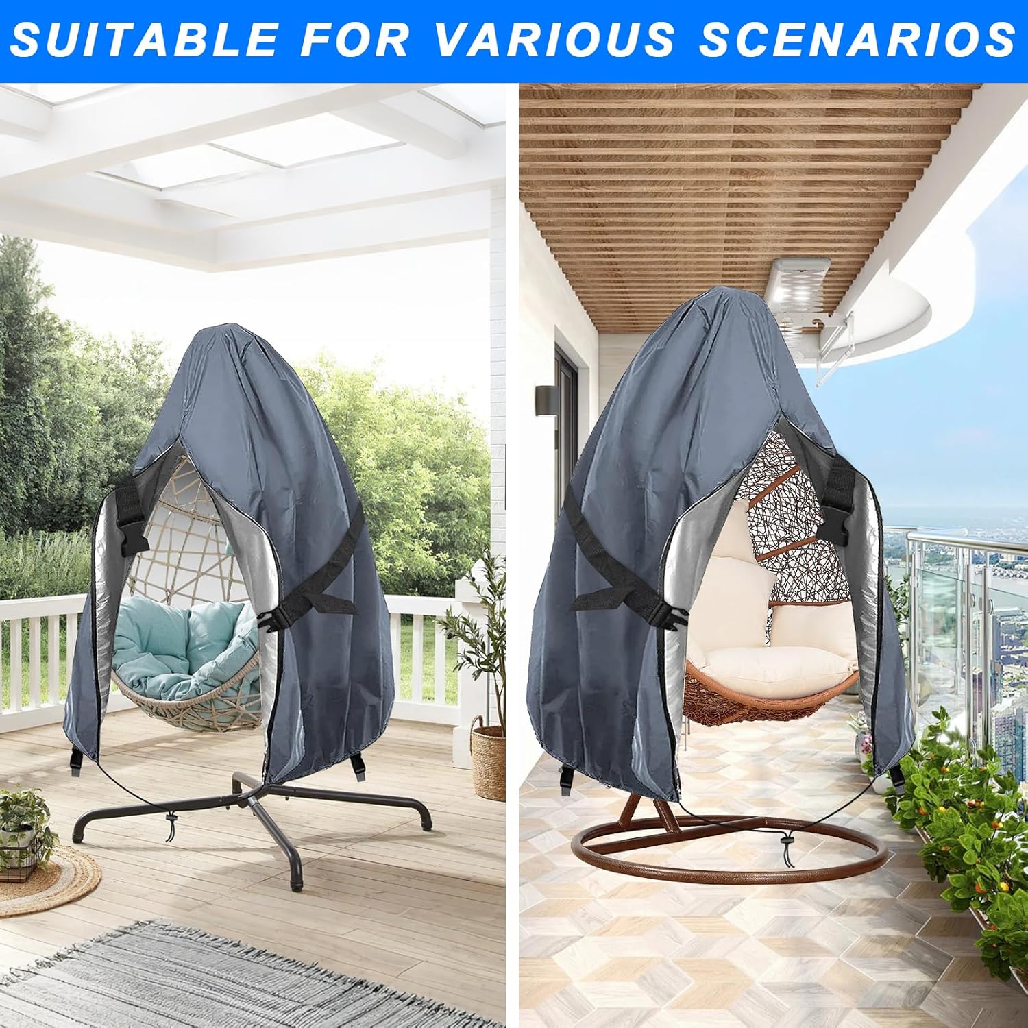 Detalle de Emwel 230x200cm Hanging Chair Cover with Zipper — Heavy Duty Egg Swing Cocoon Chair Cover (Grey)
