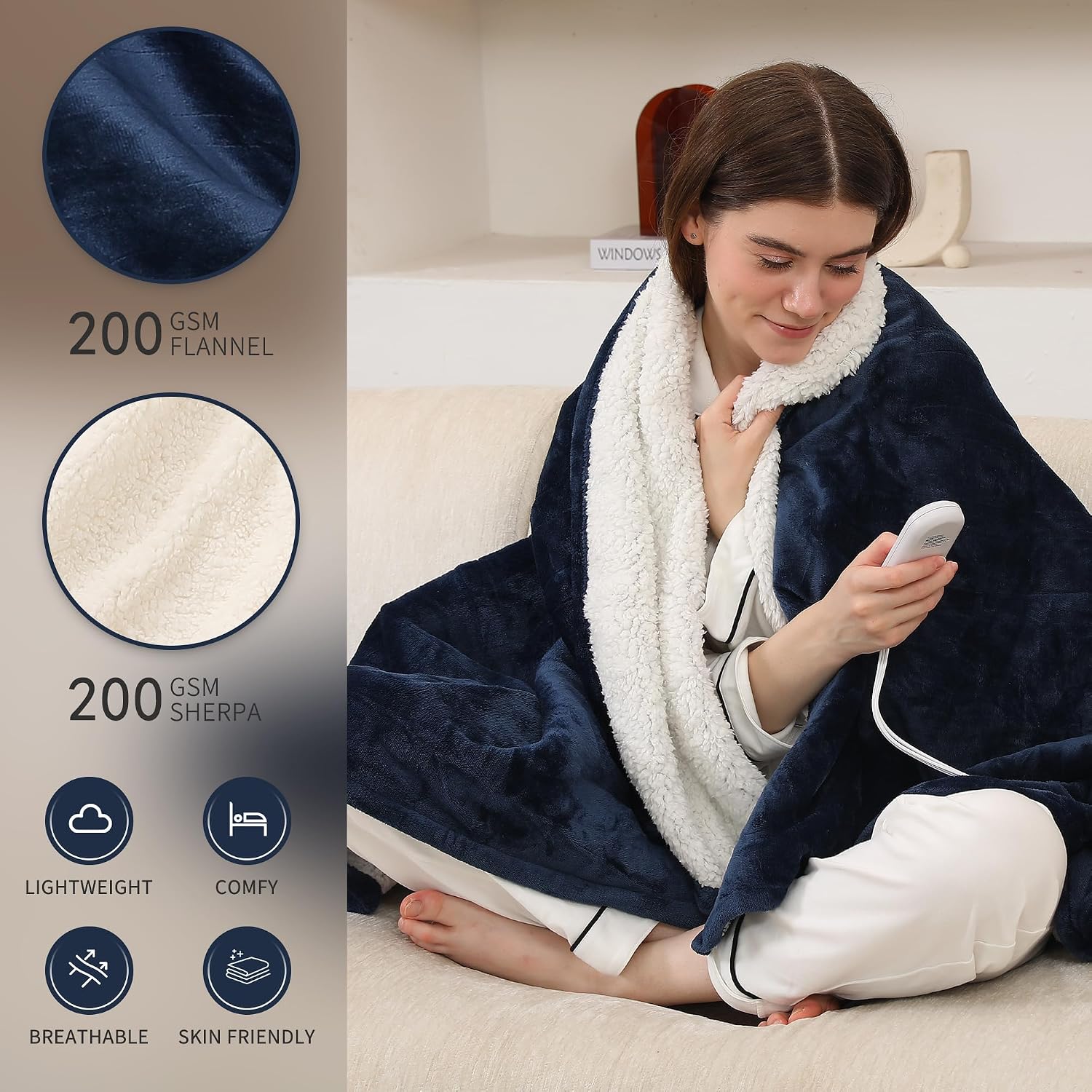 Detalle 2 de ESTINGO Heated Blanket Throw with 5 Heating Levels and Auto Off 50x60 Navy