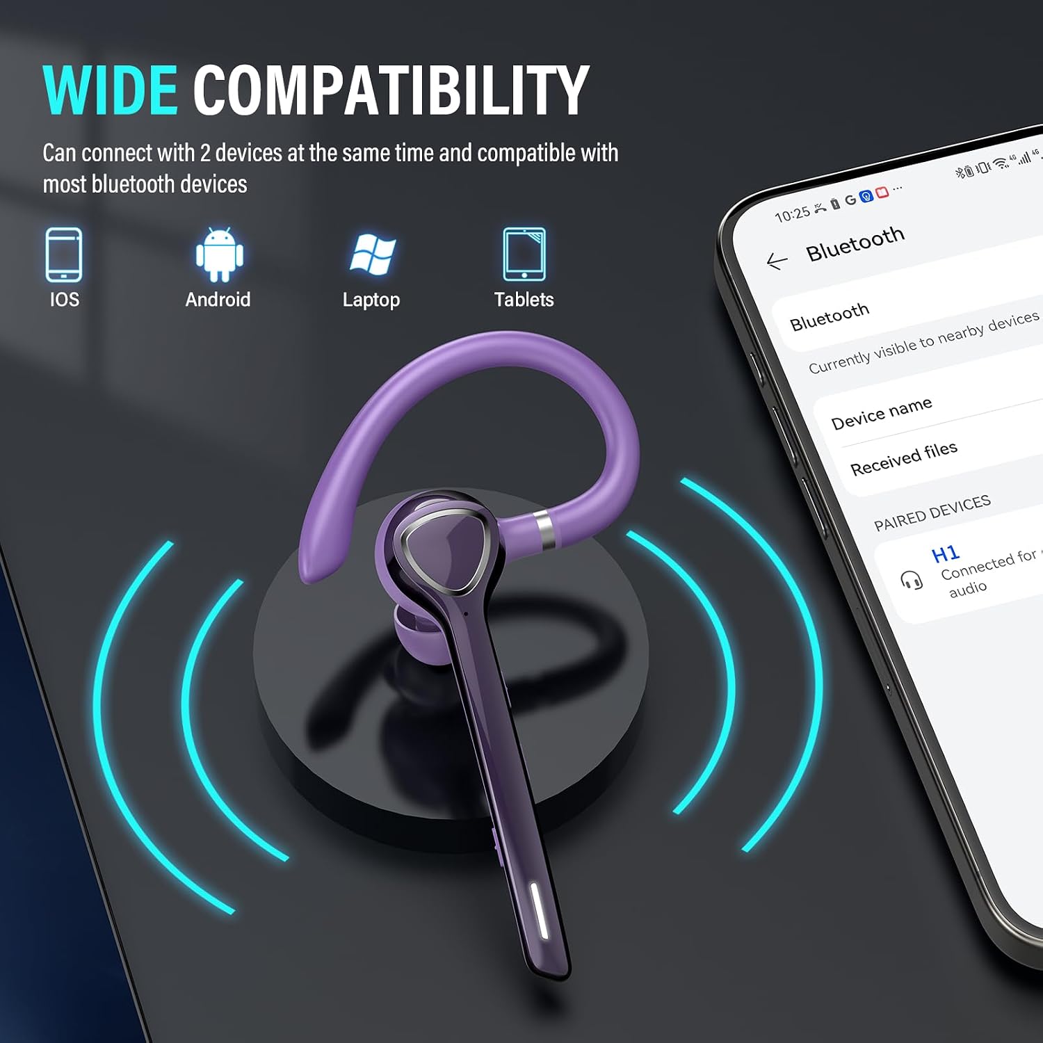 Detalle de VOTAZIB Bluetooth Headset V5.4 – Dual-Mikrofon, 90h Laufzeit, ENC+CVC 8.0, IPX7, zwei Geräte, lila