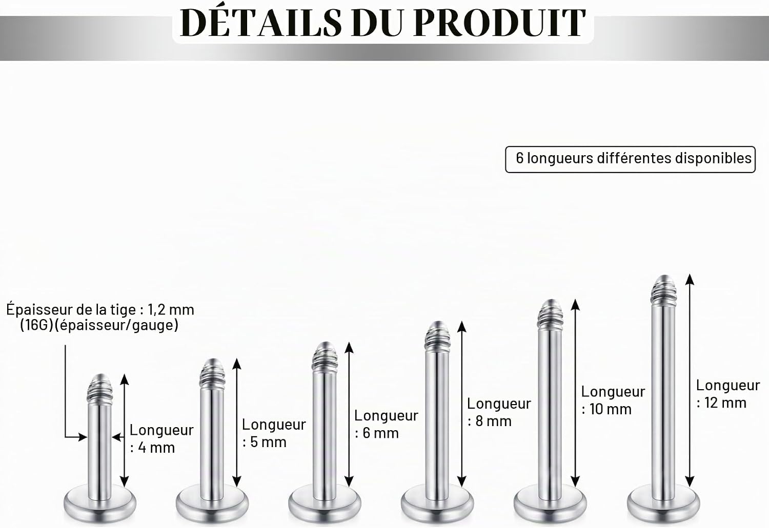 Detalle 2 de CIZME labret-piercingset 16G van 316L-staal, 4–10 mm, zilverkleurig