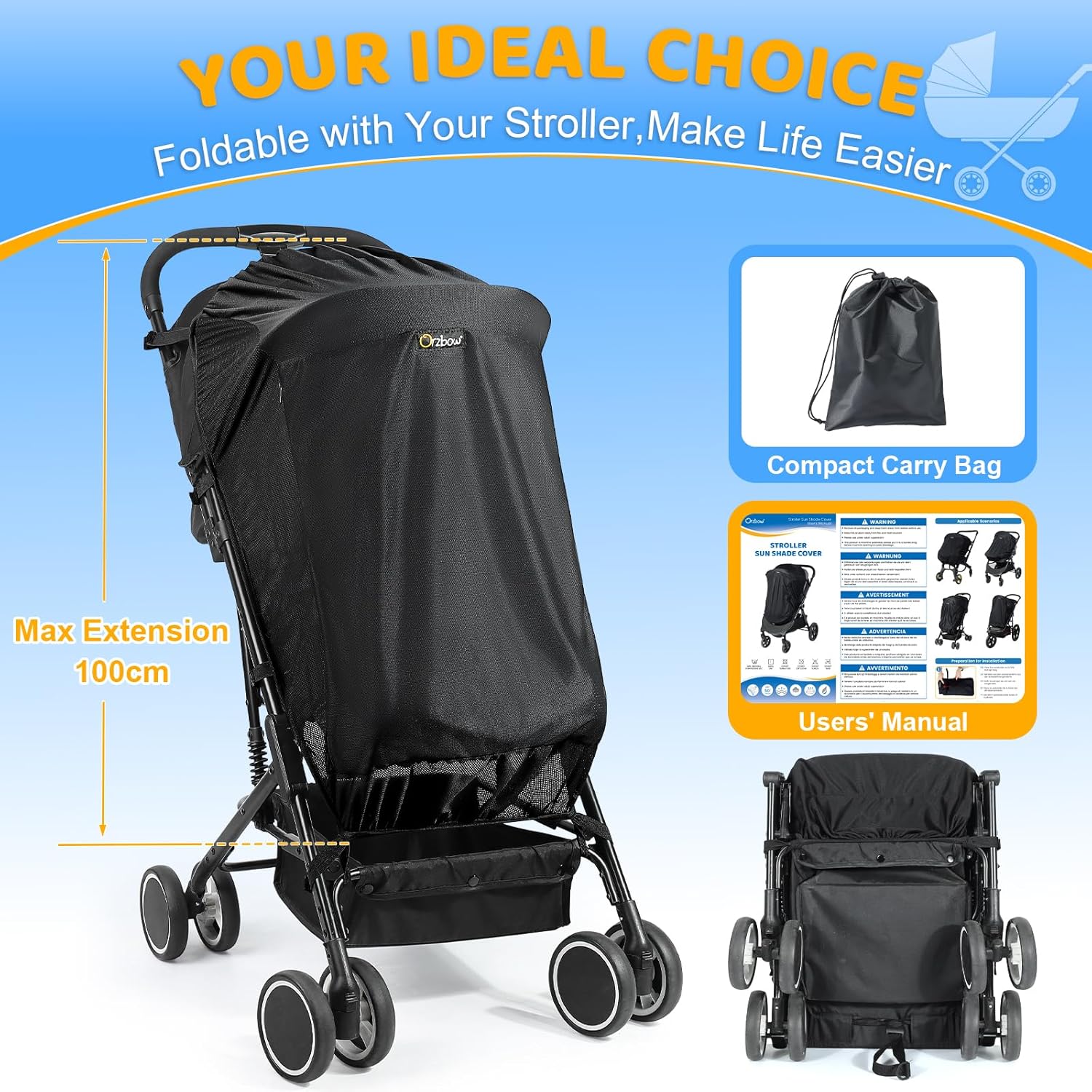 Thumbnail 5 de Orzbow Pram Sun Shade with Mosquito Net & UPF 50+ UV Protection, Universal Buggy Cover (Black)