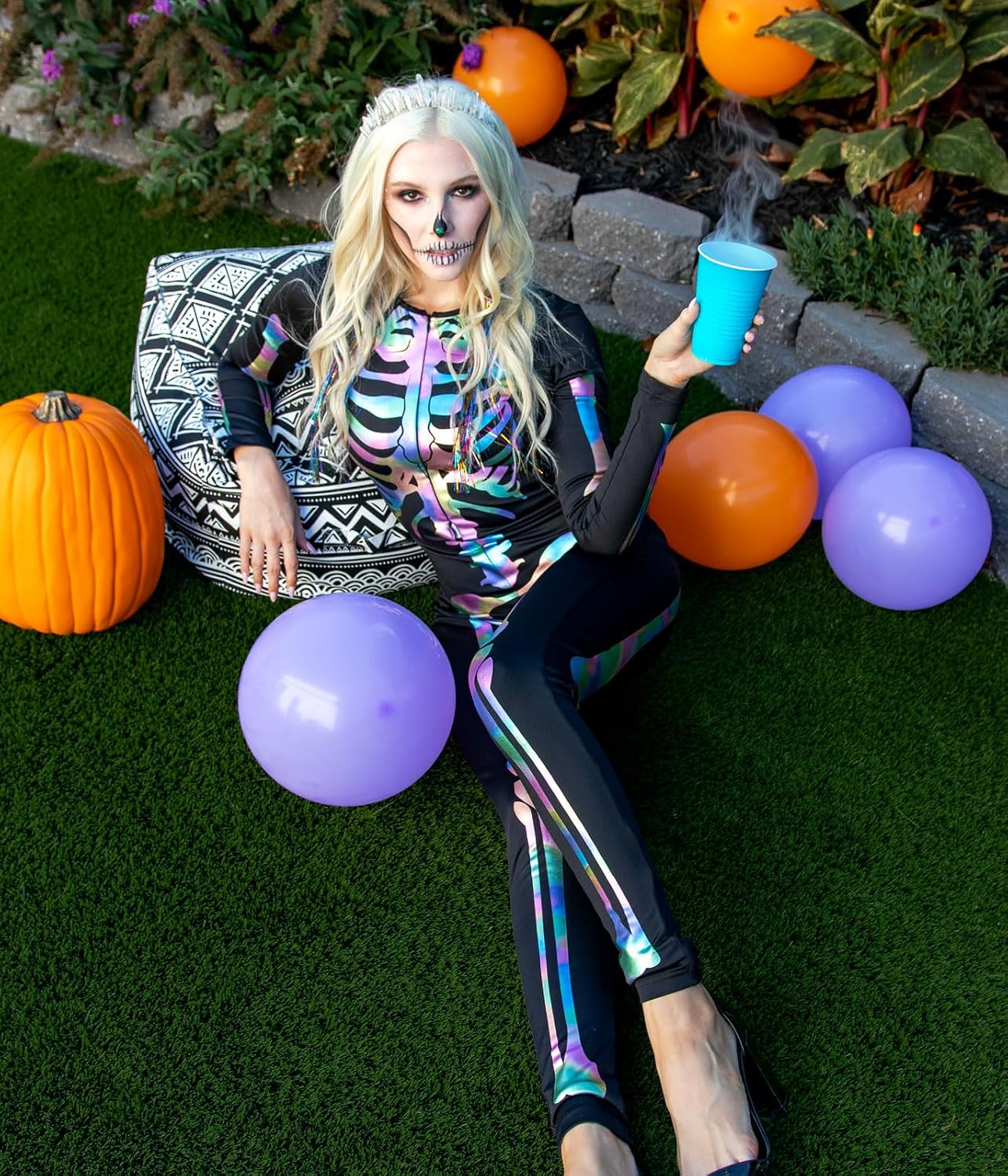 Detalle de Tipsy Elves TE-HWBS01 Skeleton Bodysuit for Women, Iridescent Front-and-Back Print