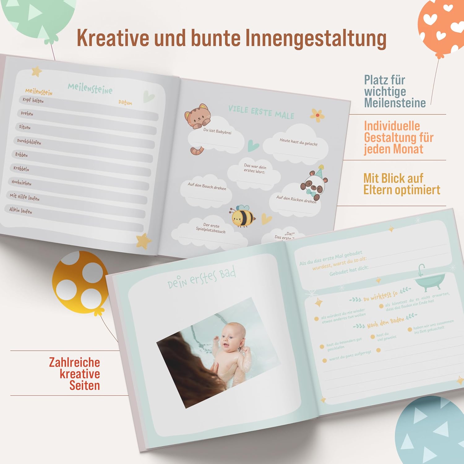 Thumbnail 2 de colortouch Babyalbum „Dein erstes Lebensjahr“ mit Abdruckset & Aufklebern – Babytagebuch zum Selbstgestalten