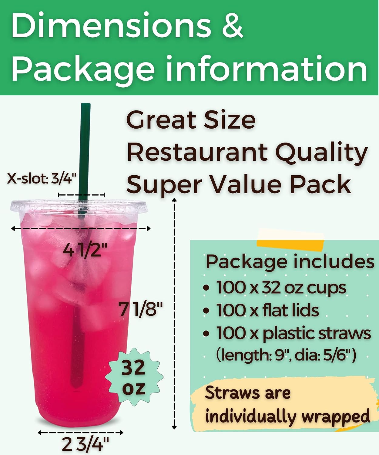 Thumbnail 1 de Aatriet 100 Sets 32 oz Clear Plastic Cups with Lids and Straws