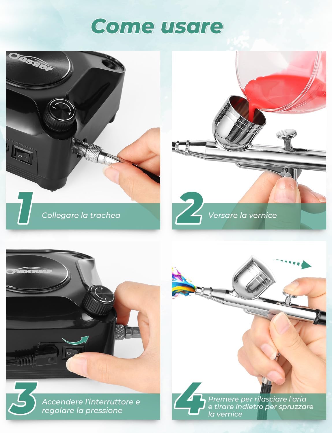 Detalle 2 de Oasser Mini Kit Aerografo: Pistola a Spruzzo Doppia Azione con Compressore 2–36 PSI – 0,2/0,3/0,5 mm
