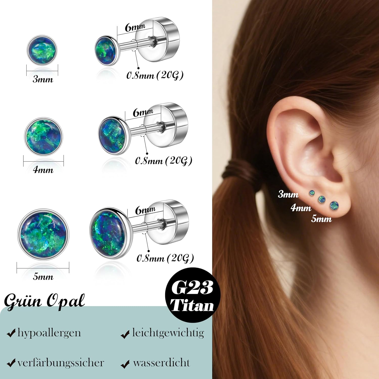 Thumbnail 4 de Titan Ohrringe Hypoallergen G23 – Schraubverschluss, 5 mm, Grün Opal