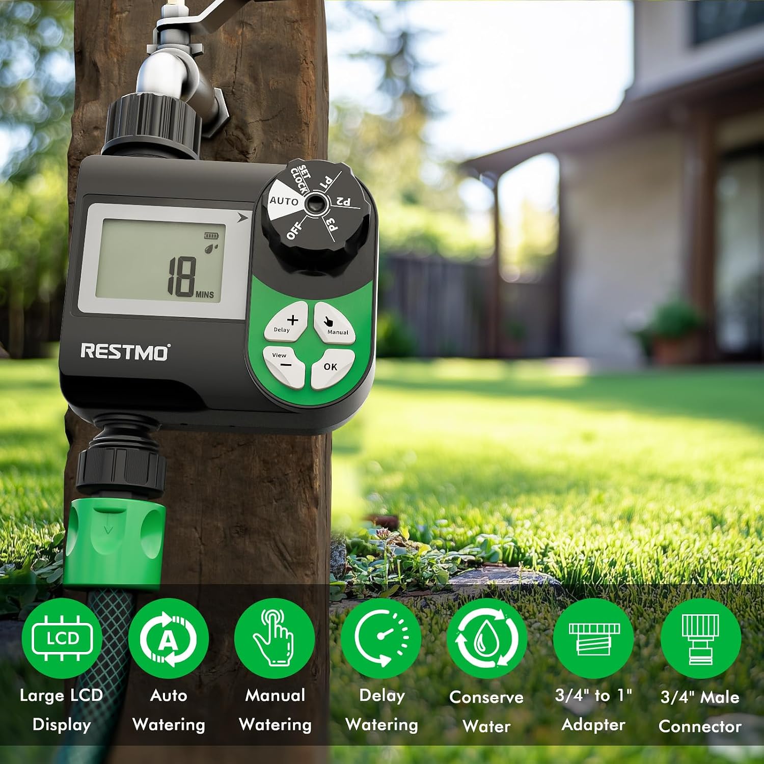 Detalle de RESTMO Water Timer with 3 Separate Programs – 7-Day Programmable Hose Timer for Garden Irrigation