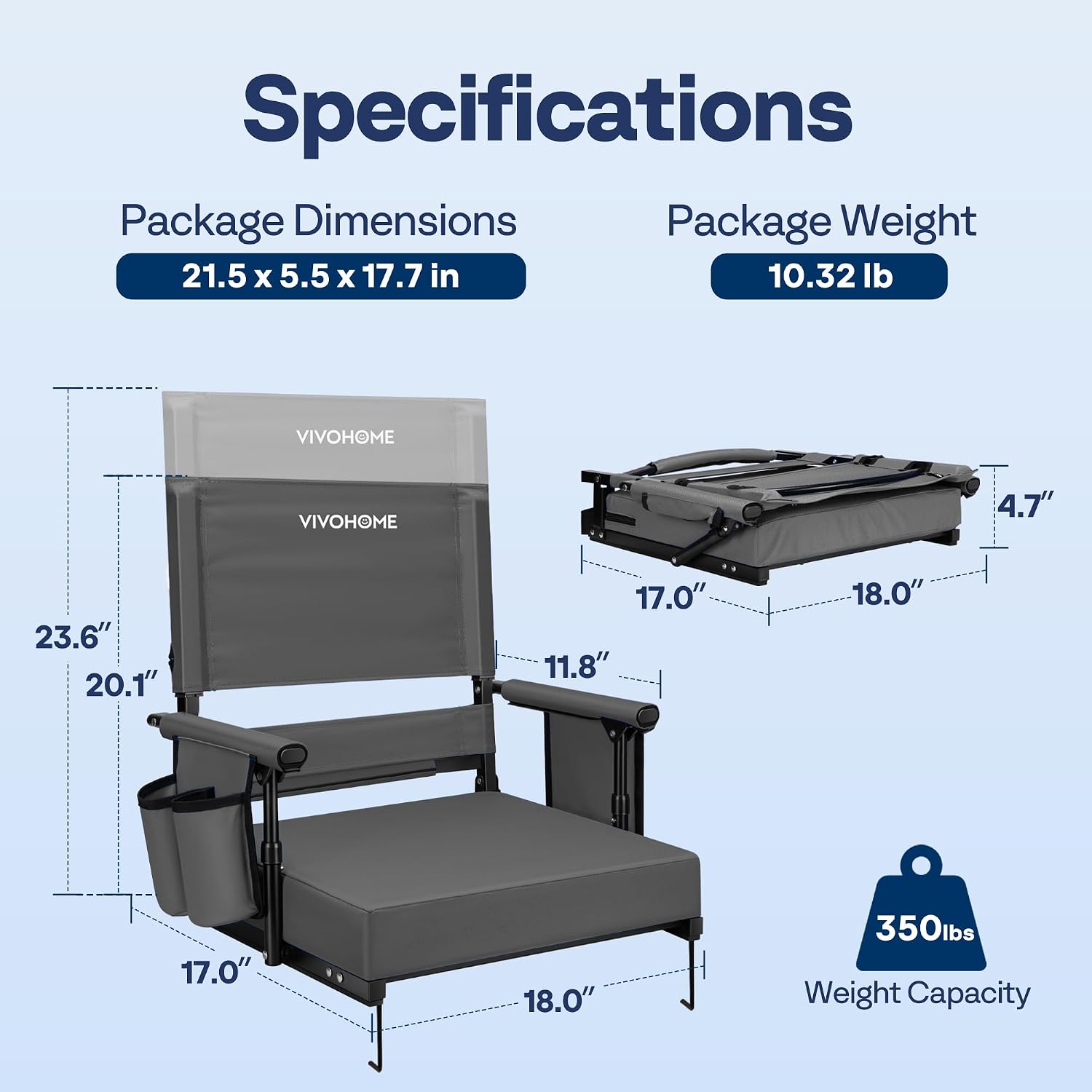 Detalle de VIVOHOME VH1726-GY Stadium Seats, 2-Pack Foldable with Adjustable High Backs
