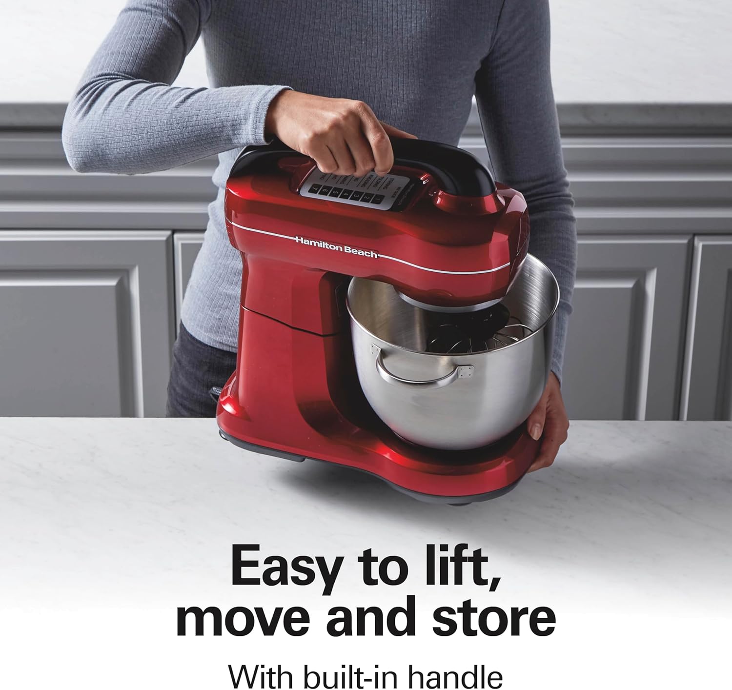 Detalle de Hamilton Beach Electric Stand Mixer, 4 Quarts, Dough Hook, Whisk & Splash Guard in Red