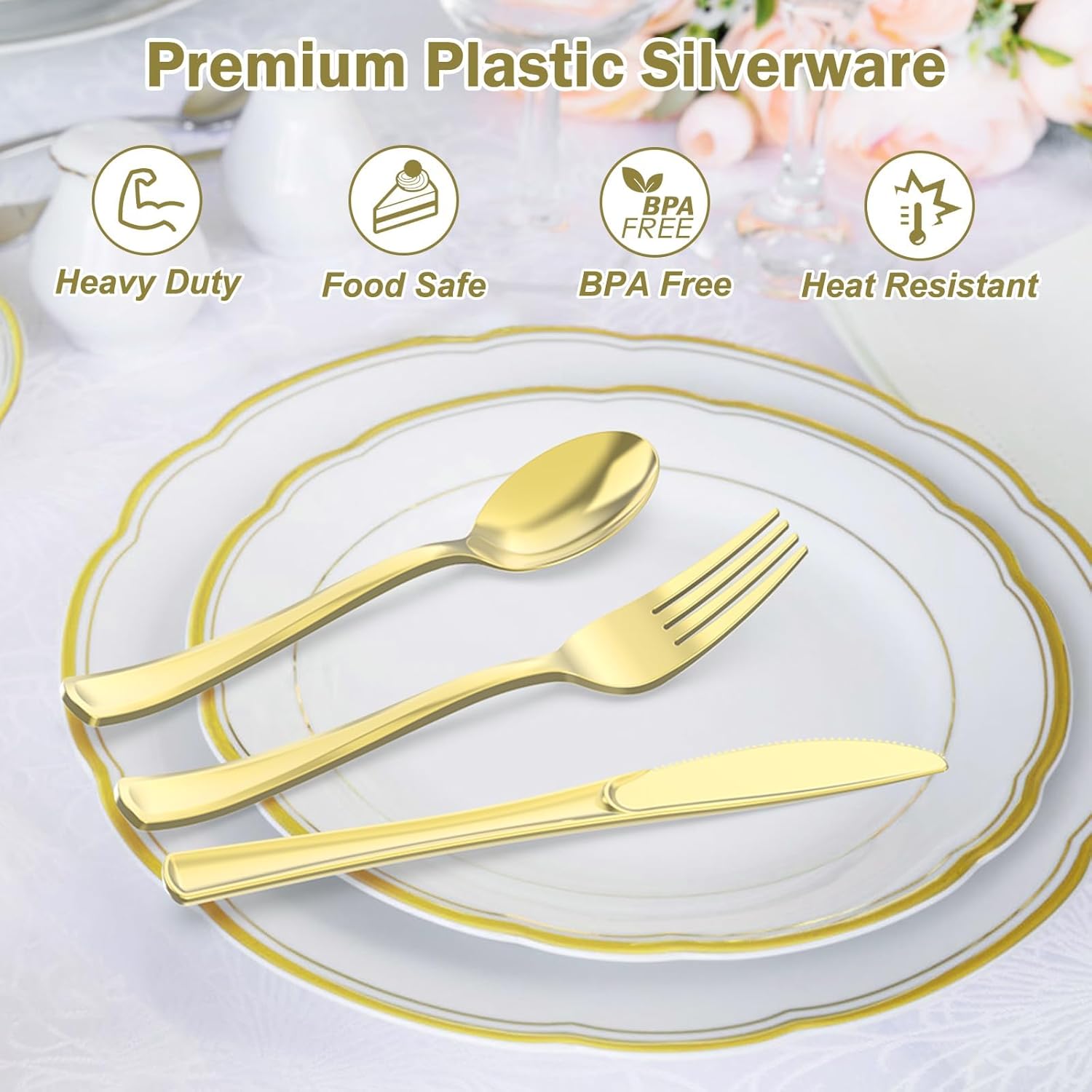 Detalle 1 de Dealusy 200 Count Gold Plastic Silverware Set
