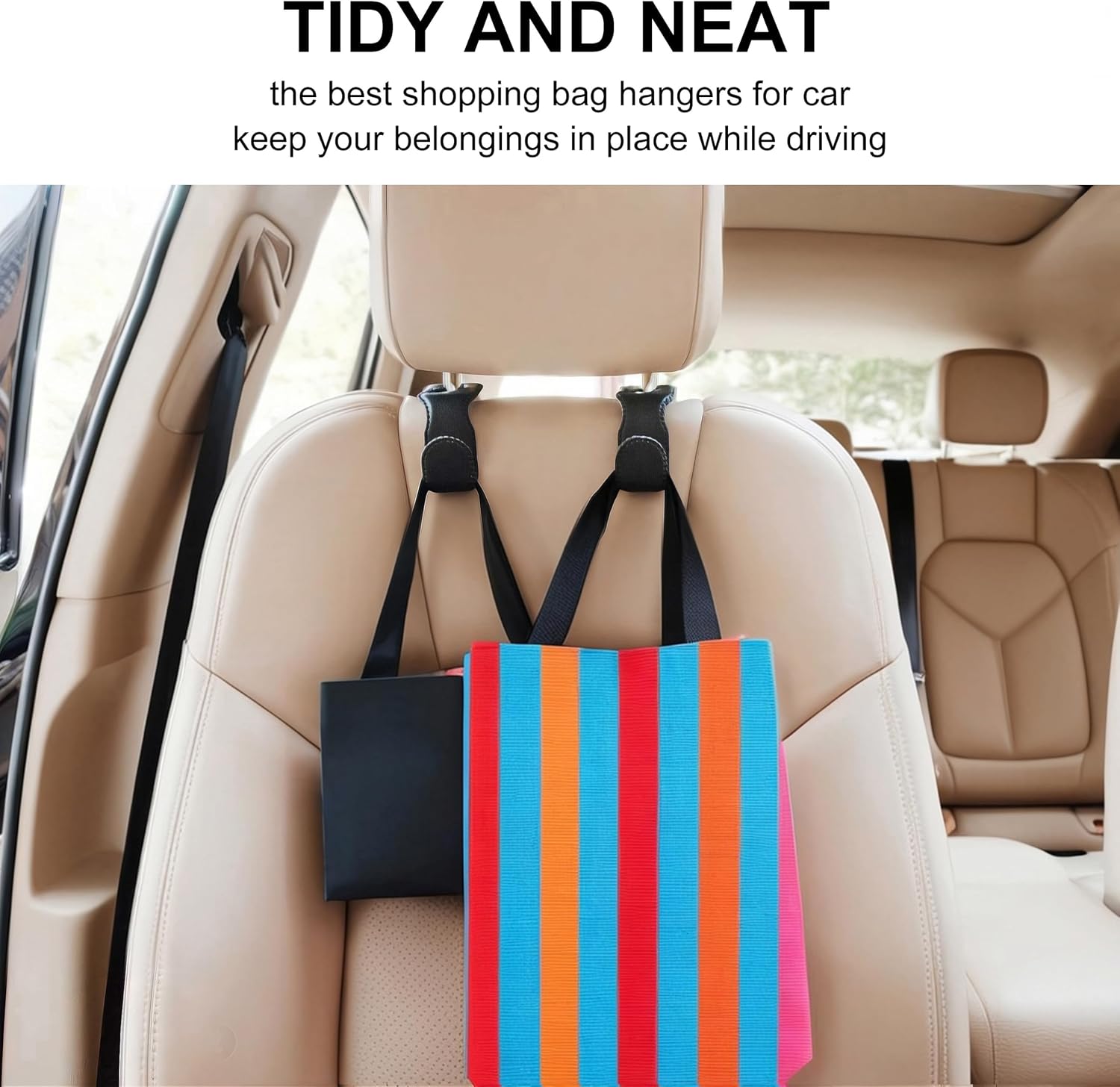 Detalle de EldHus Headrest Hooks for Purses and Bags (2 Pack) – Leather-Wrapped Metal Car Seat Hooks