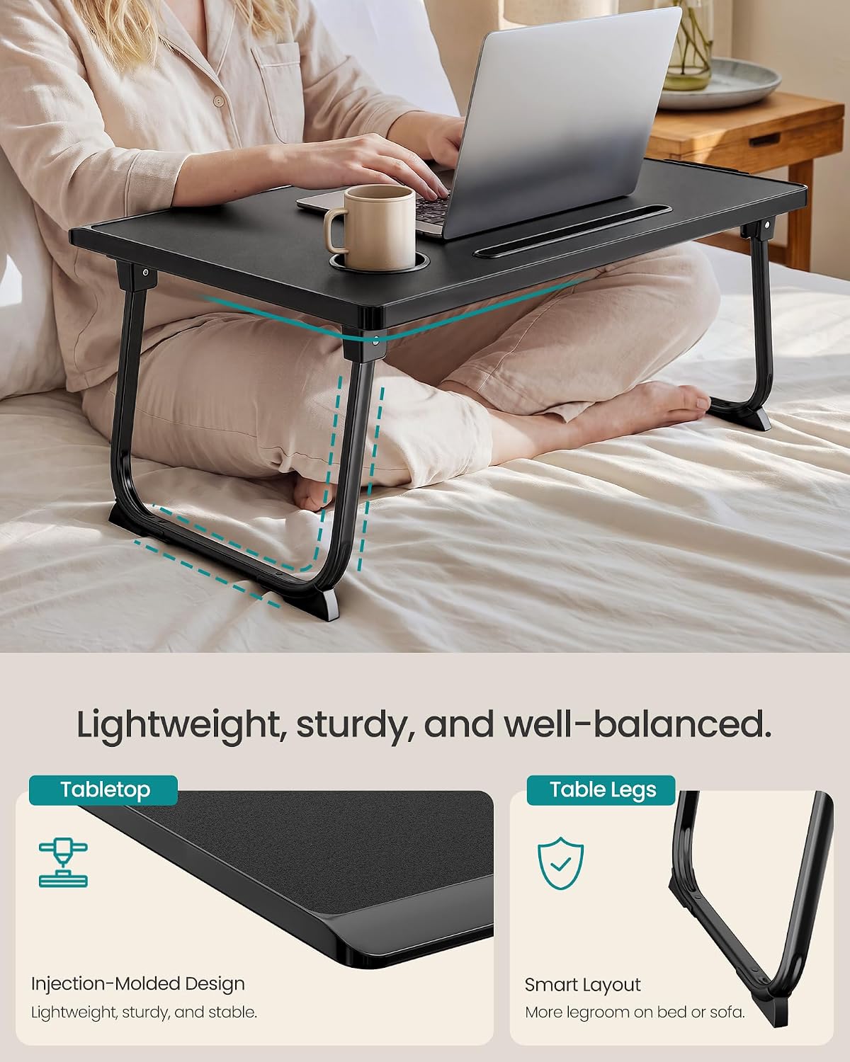 Detalle de SONGMICS ULLD120B101 Foldable Lap Desk with Cup Holder, Tablet Slot and Drawer