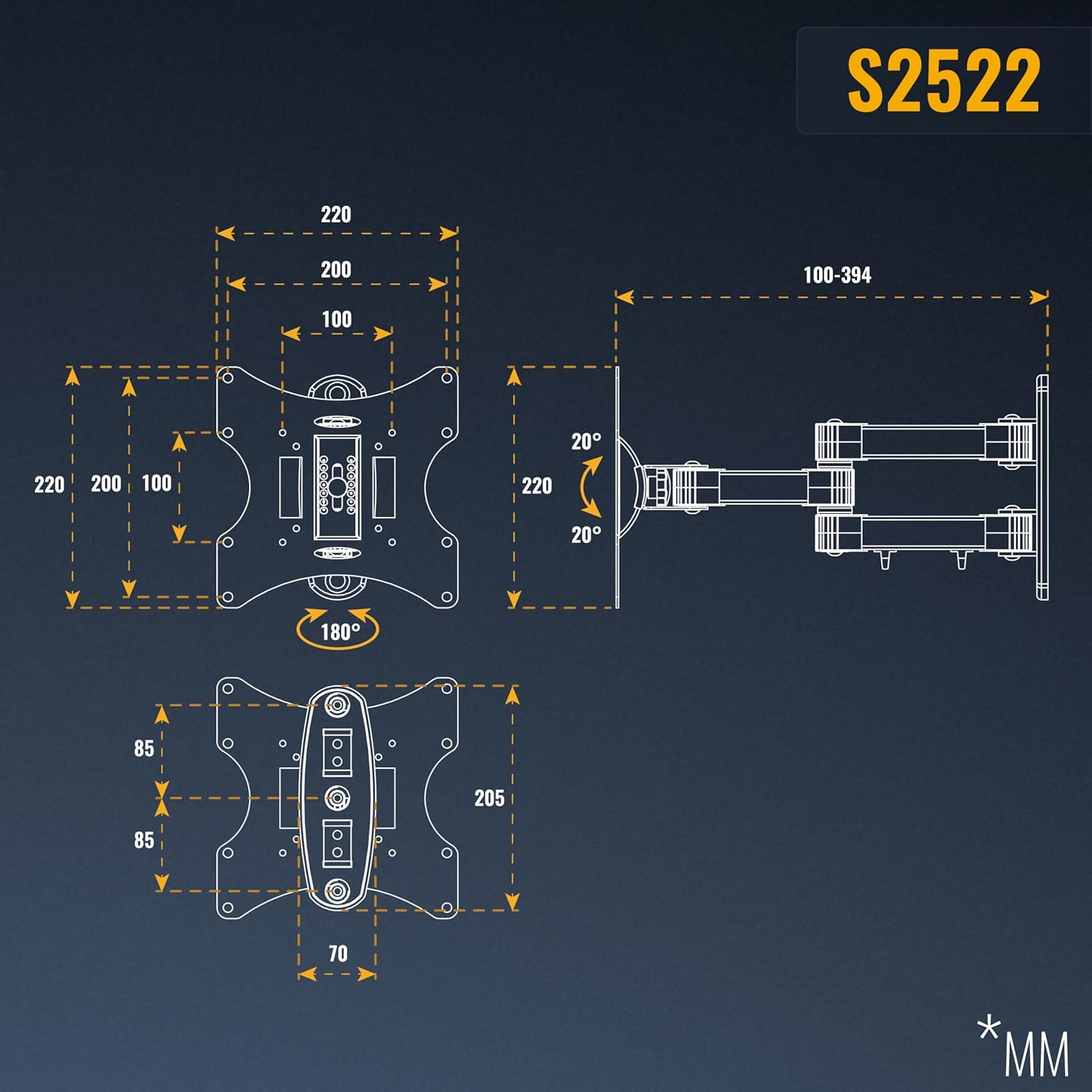 Thumbnail 6 de RICOO Support mural TV S2522 orientable et inclinable 17 à 42" (43 à 107 cm) VESA 200 x 200