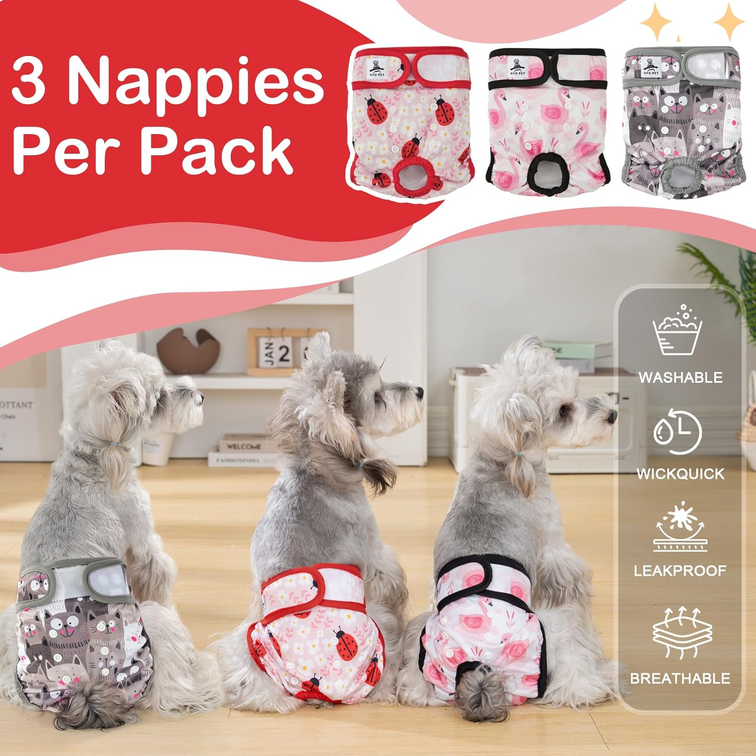 Detalle de UFO PET 3-Pack Dog Period & Heat Pants for Season (Incontinence) – Washable Female Puppy Nappies – Large