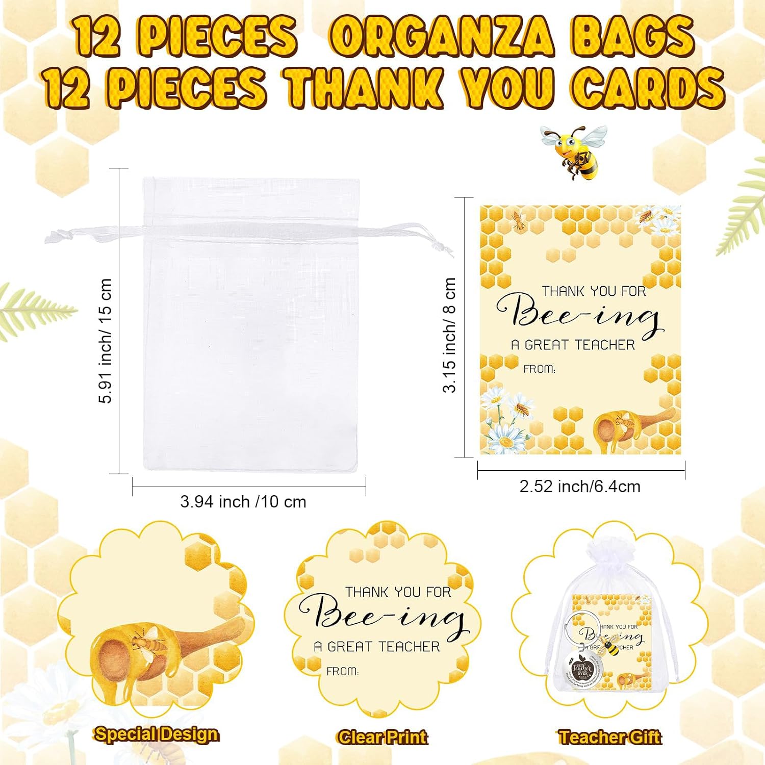 Detalle de Johiux 12‑Piece Teacher Appreciation Gift Set with Bee Keyrings, Cards and Organza Pouches