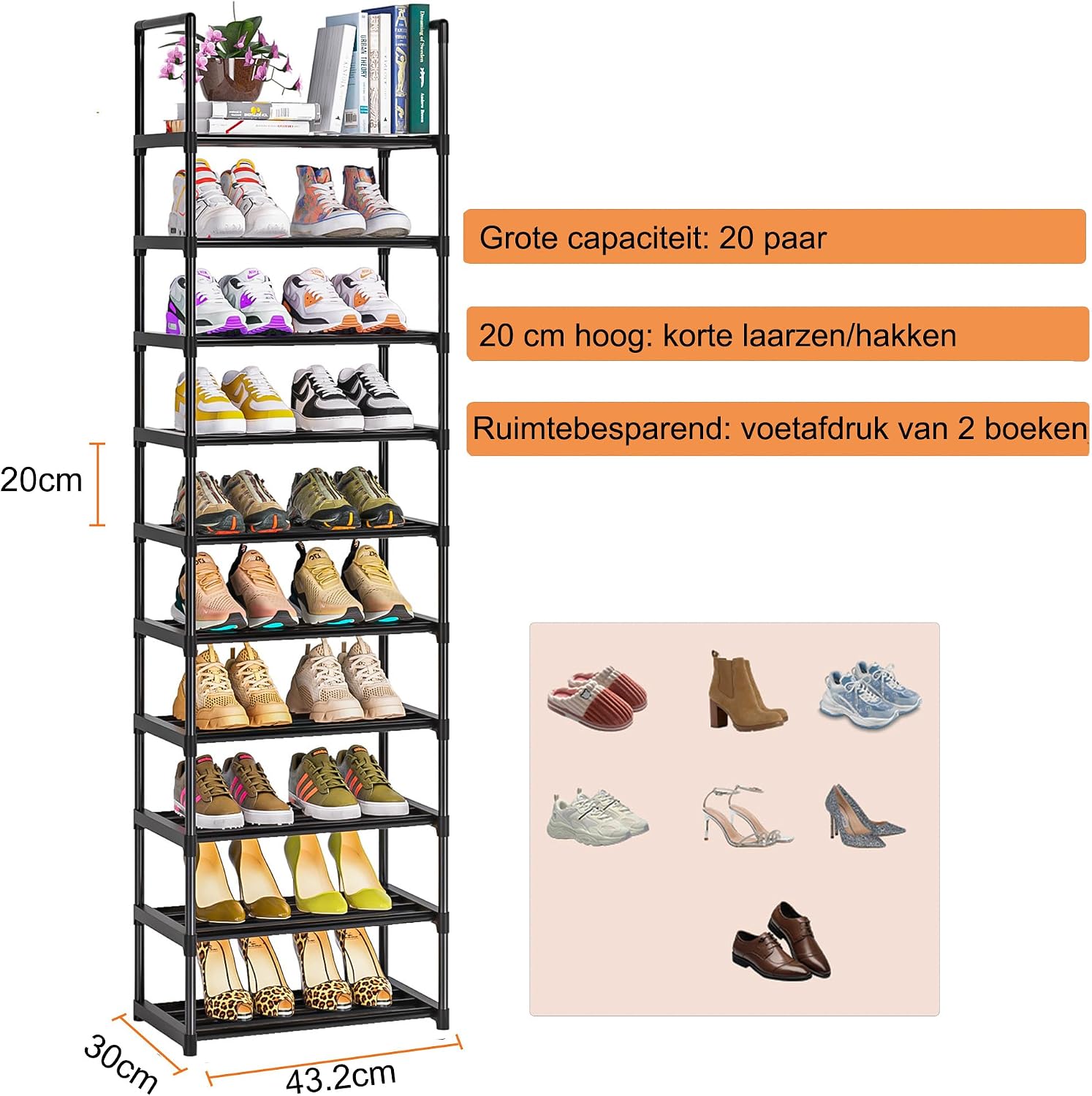 Detalle de OYREL Étagère à chaussures à 10 niveaux, schoenenrek van metaal, zwart en ruimtebesparend