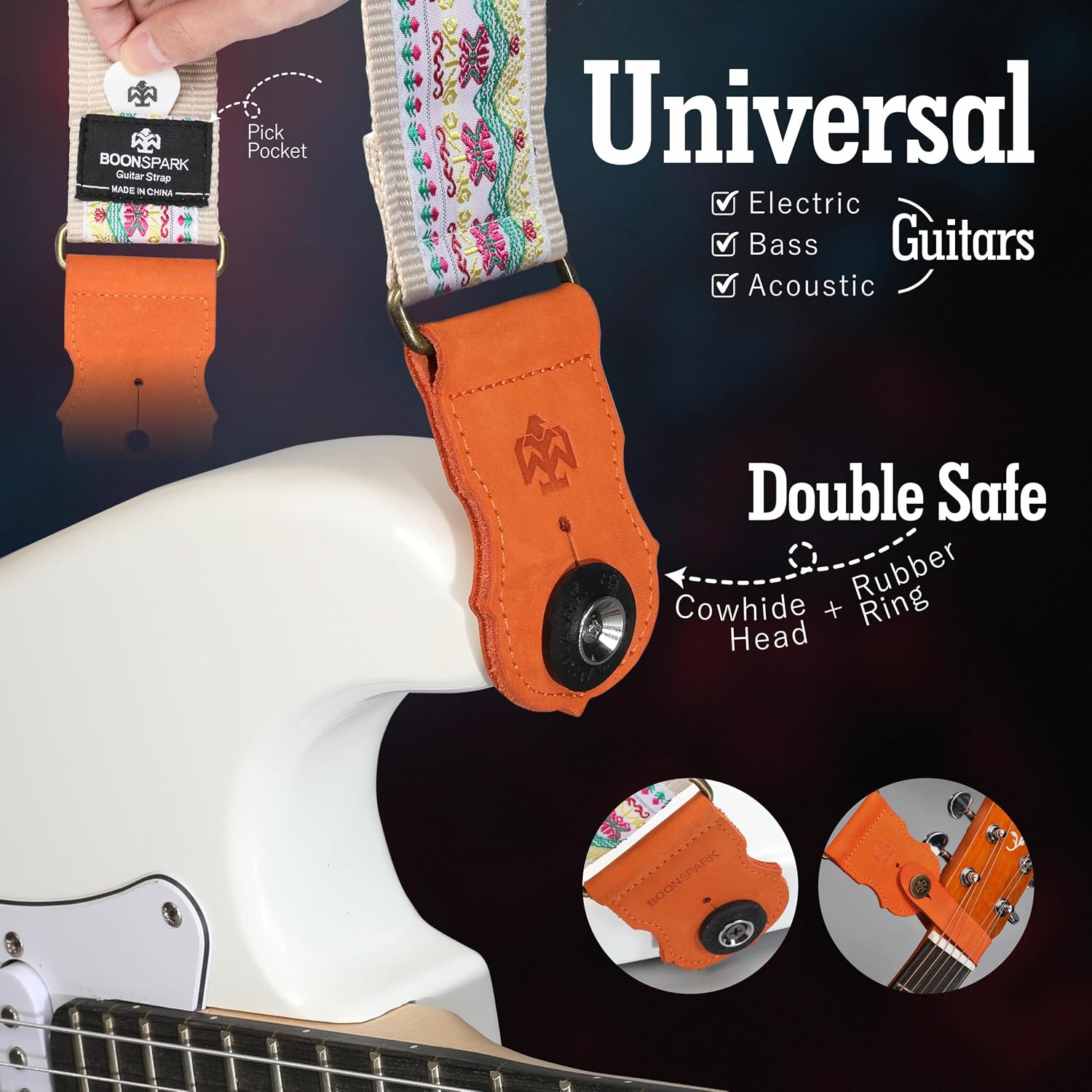 Thumbnail 5 de BOONSPARK Guitar Strap, Lotus Embroidery, 2-Inch Adjustable Cotton with Cowhide Ends