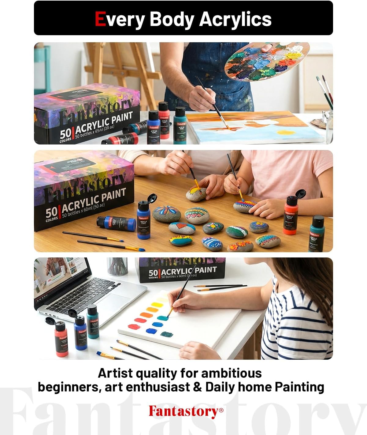 Detalle de Fantastory Acrylfarben Set – 50x60 ml, 15-teiliges Zubehör, hohe Deckkraft & wasserfest