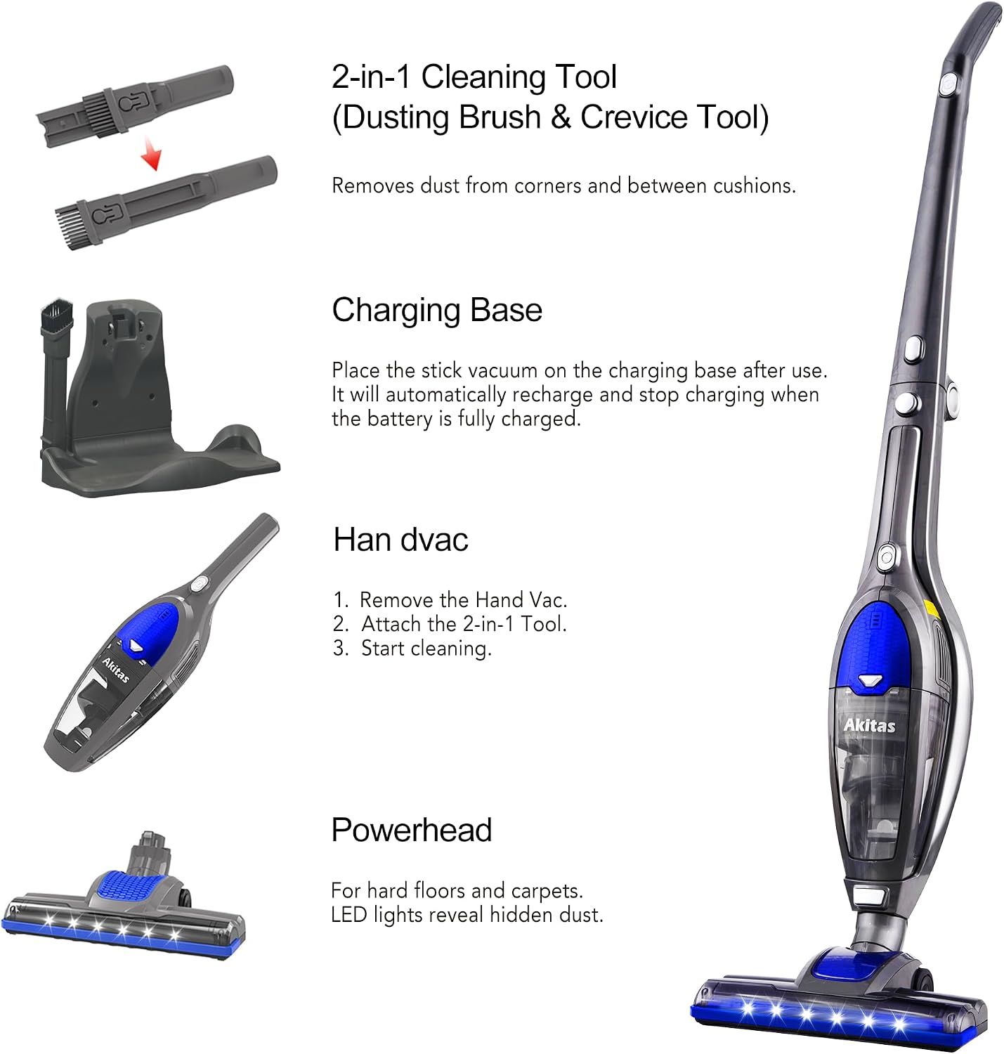 Thumbnail 1 de Akitas U10 Cordless Vacuum Cleaner — 2-in-1 Stick & Handheld with Auto-Charging Dock, 2.4kg, LED Turbo Brush