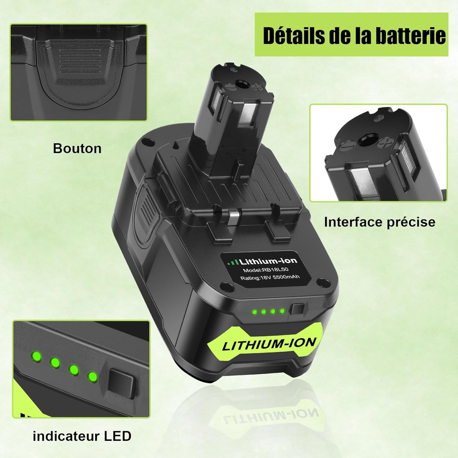 Detalle 2 de REACELL 2X 18V 5,5Ah P108 + Chargeur P117 pour Ryobi One+ 18V