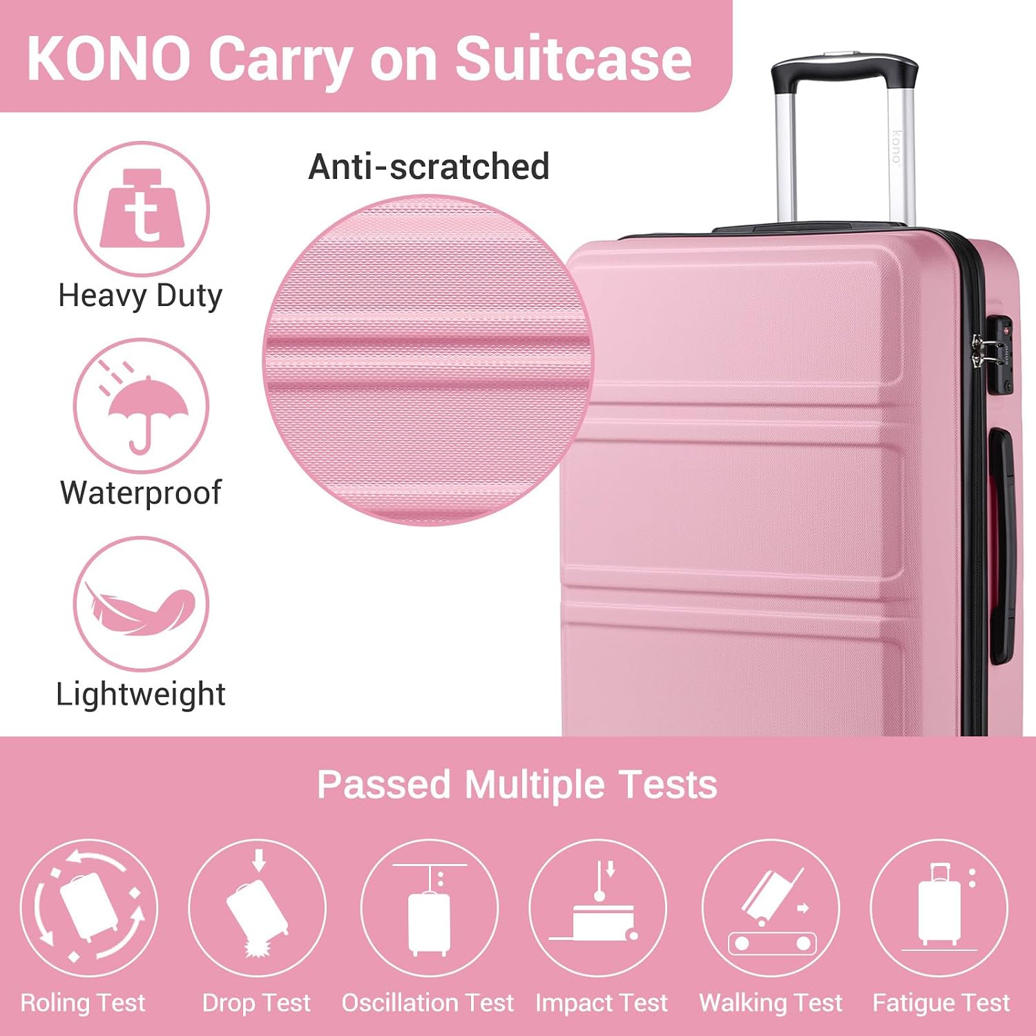 Thumbnail 3 de Kono 20-inch ABS Cabin Suitcase with TSA Lock and Four Spinner Wheels, Pink