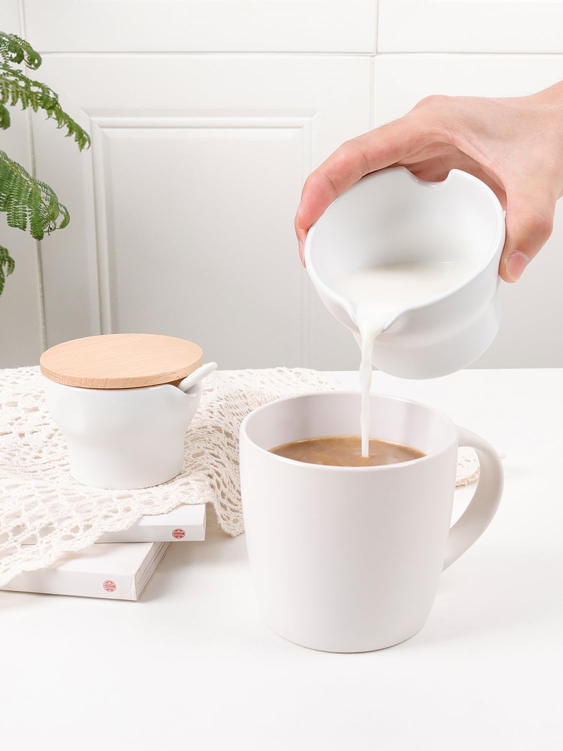 Thumbnail 6 de Autumnlife Milch- und Zucker-Set aus Keramik – stapelbar, 170 ml Milchkännchen & 100 ml Zuckerdose mit Holzdeckel