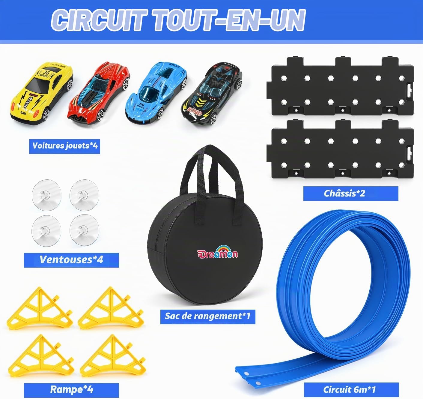 Detalle 2 de Dreamon 088-11-6m-blue racecircuit van 6 m met 4 speelgoedauto’s