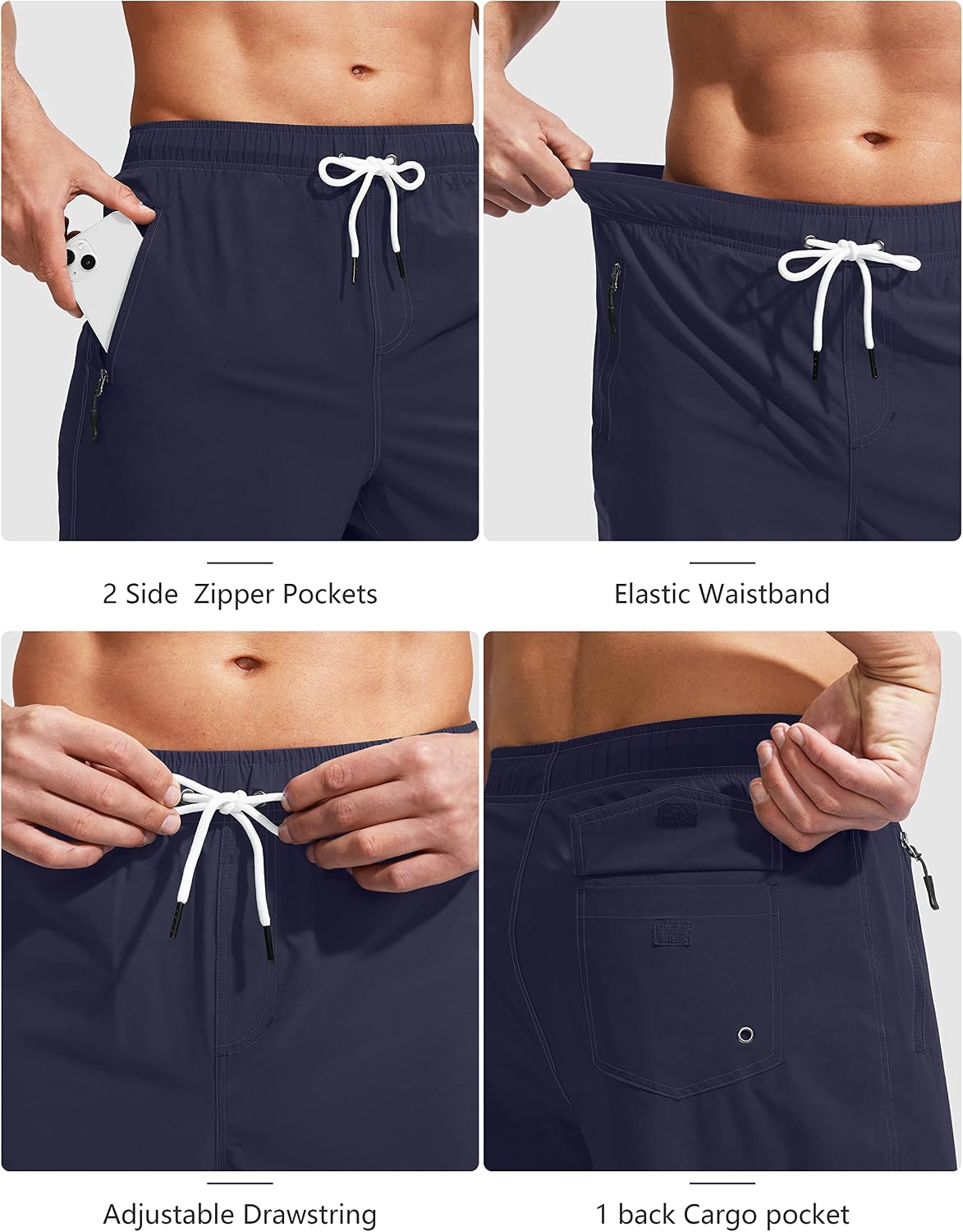 Detalle de Viodia Men's Swim Trunks with Compression Liner: Quick-Dry Board Shorts with Zipper Pockets