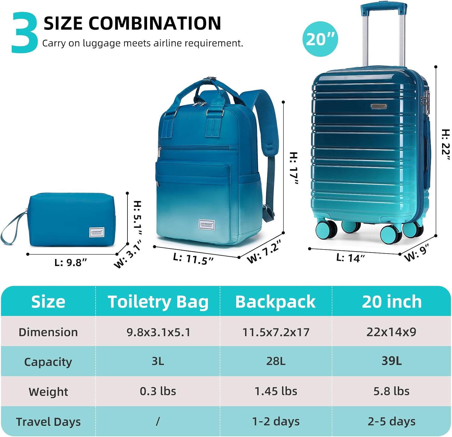 Detalle 2 de LARVENDER Carry on Luggage 22x14x9