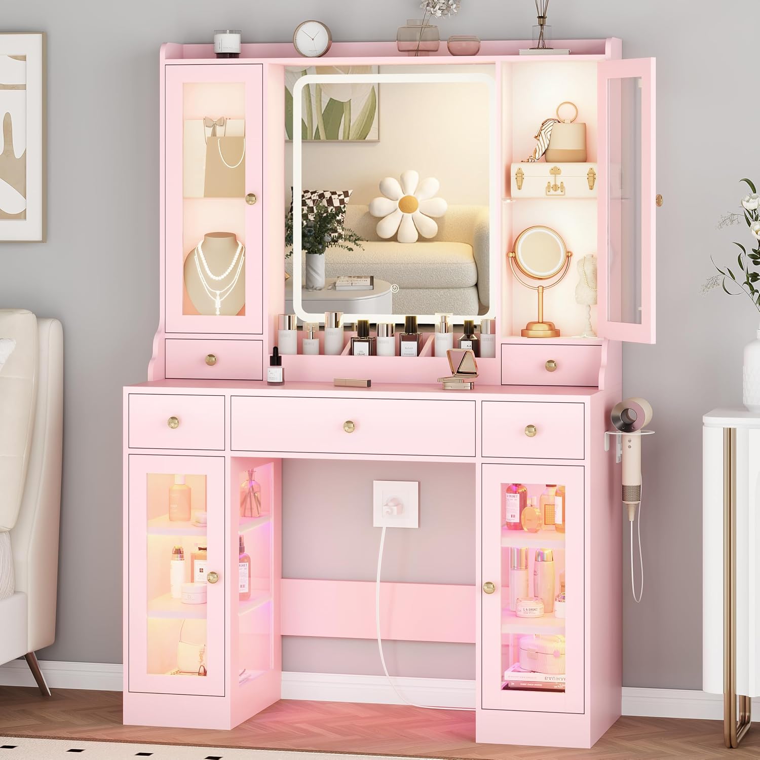 Detalle de HUANLEGO Vanity Desk with 3 Drawers