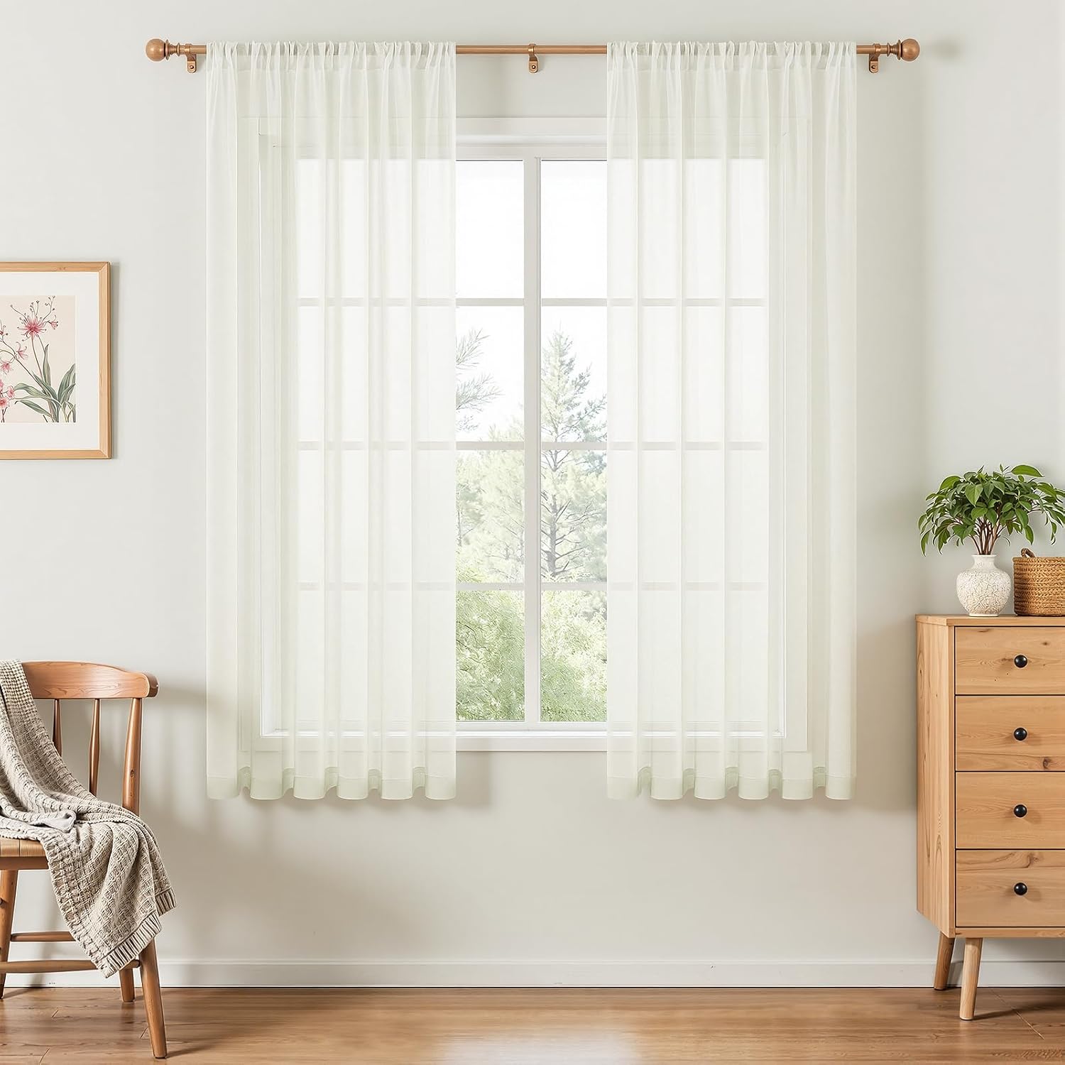 Detalle de MRTREES Off-White Voile Curtains with Rod Pocket (2 Panels) – 46 x 54 Inches, 70GSM Semi-Sheer