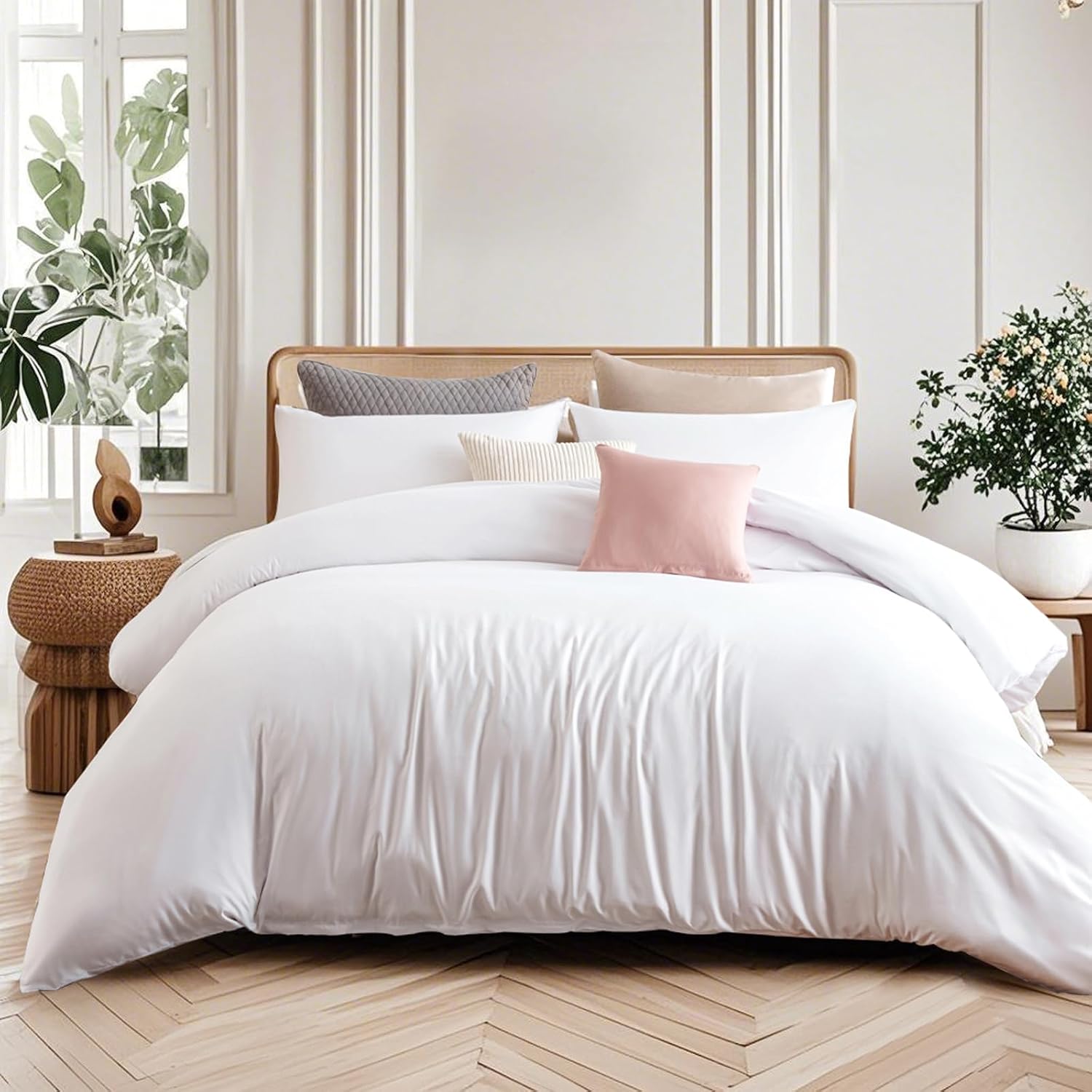 Detalle de Soifox Double Duvet Cover Set White (200 x 200 cm) with 2 Pillowcases (50 x 75 cm) – non-iron microfiber with zip closure