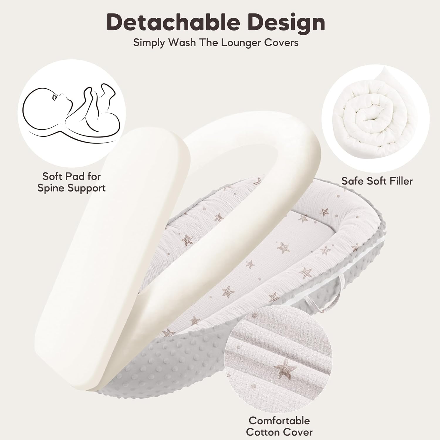 Detalle de Bearmoss Baby Nest Pod for Newborn (Cream Star) – breathable cotton baby lounger for home & travel