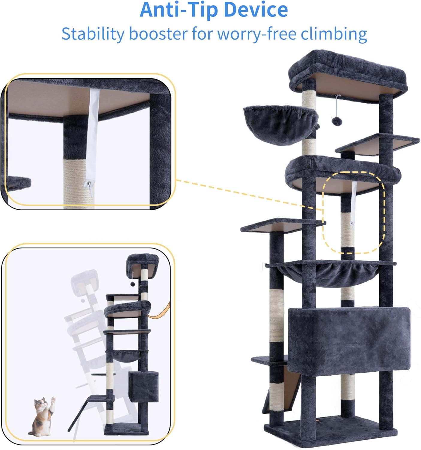 Thumbnail 6 de Heybly Tall Cat Tree for Large Cats (202 cm) – Smoky Grey HCT038G