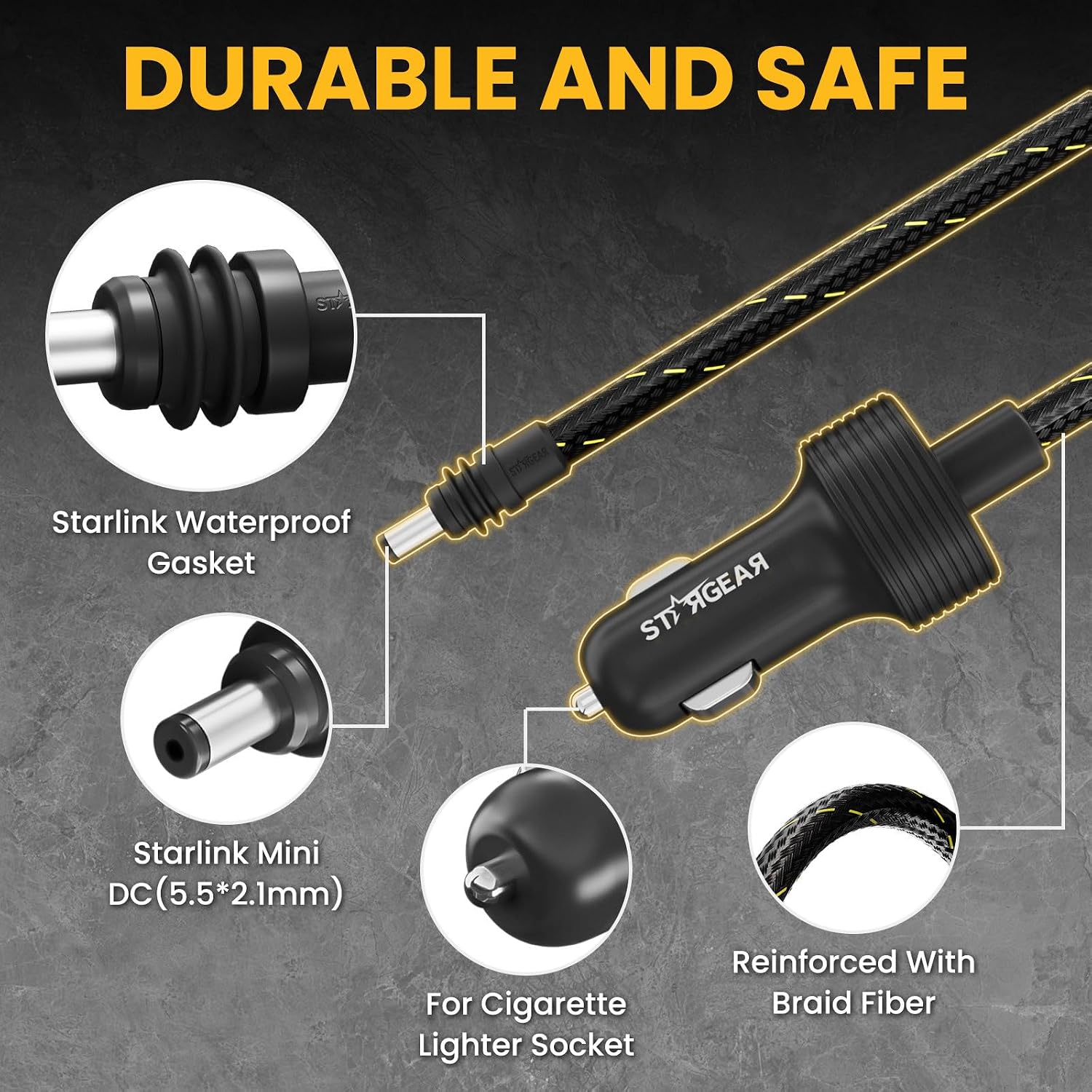 Thumbnail 3 de STARGEAR Starlink Mini Cable 12V Power Cable 5M/16.4FT – Braided, Waterproof Car Charger Adapter