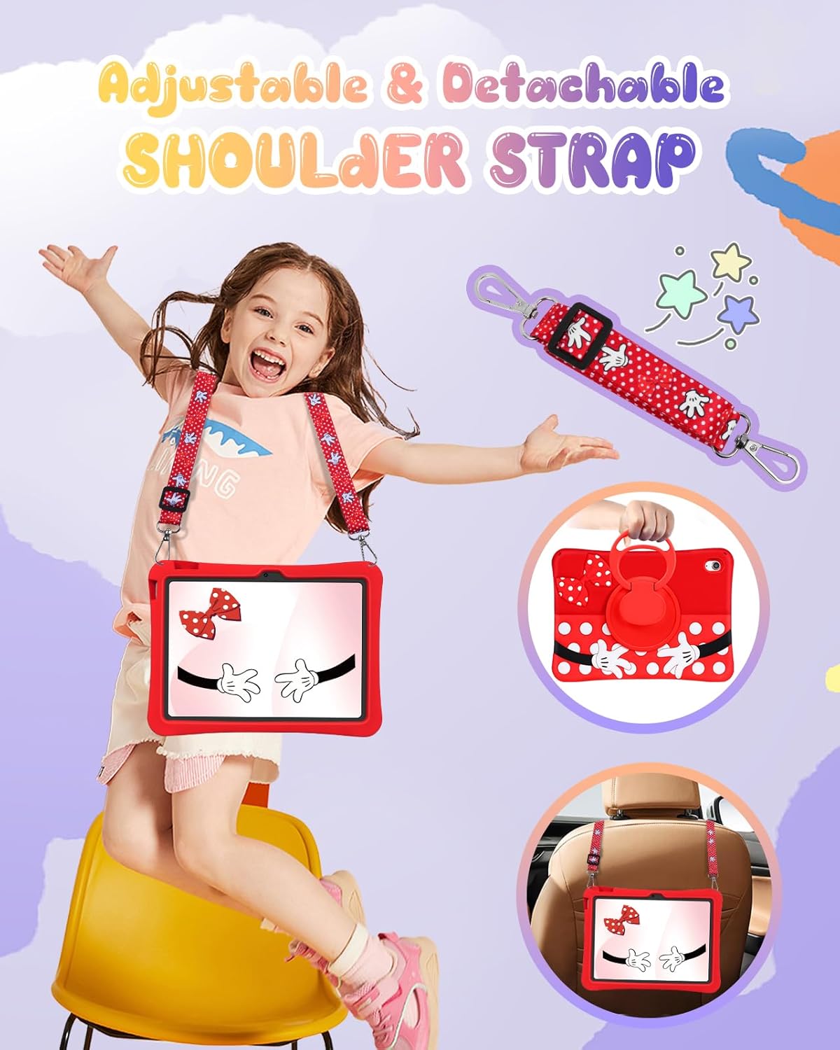 Detalle de Kokaade for iPad (A16) 11th Gen 11-Inch Case 2025 – Soft Silicone Cartoon with Shoulder Strap and Rotating Stand (Red)