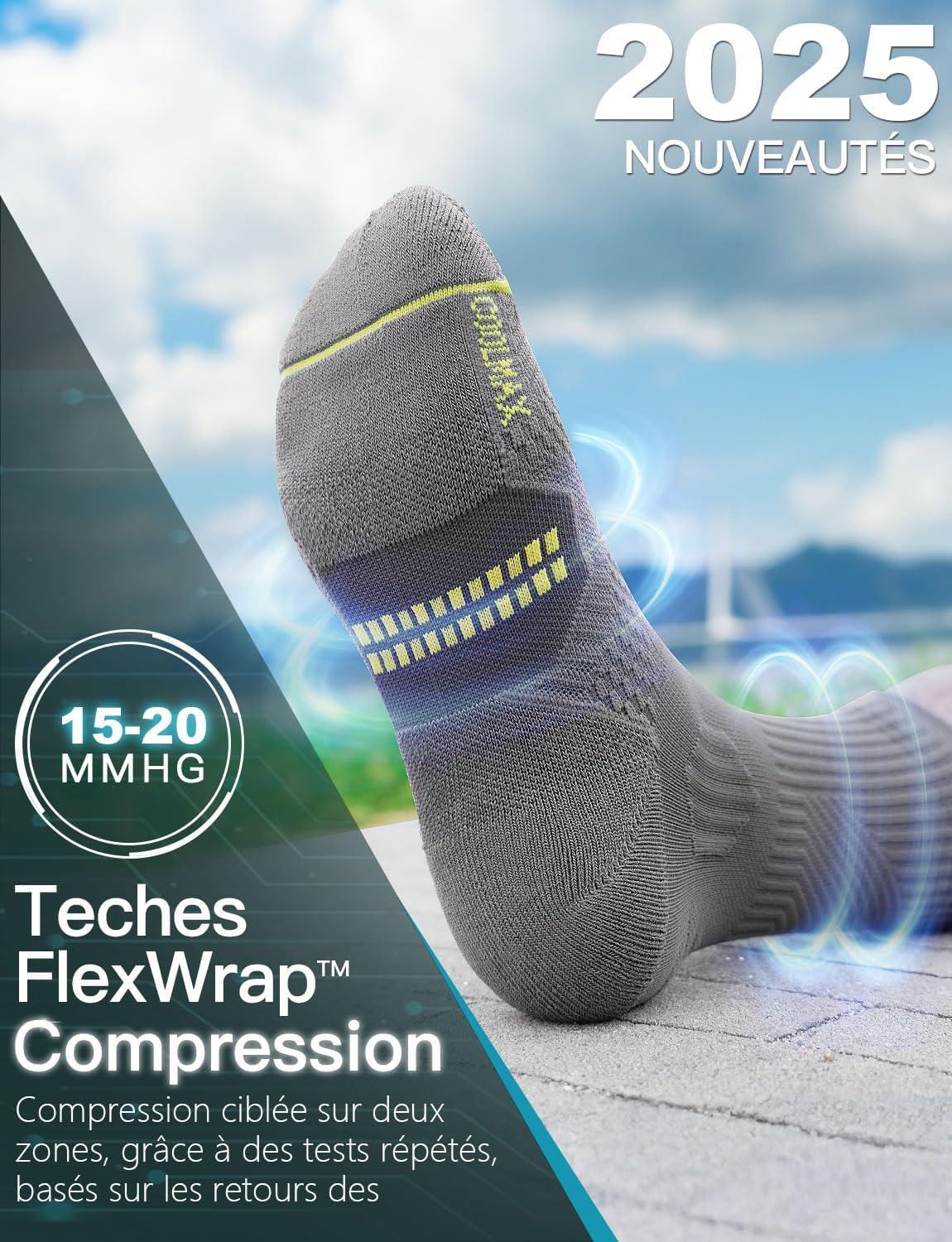 Detalle 2 de Chaussettes de course Juclise en bambou Coolmax compressives pour homme (15 à 20 mmHg)