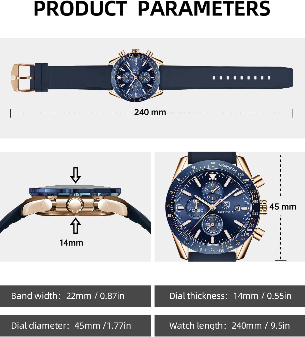 Detalle 2 de BENYAR Herrenuhr Analog Quarz Chronograph – 45 mm, 3 Hilfszifferblätter, Datum, Silikonband, Wasserdicht bis 3 ATM