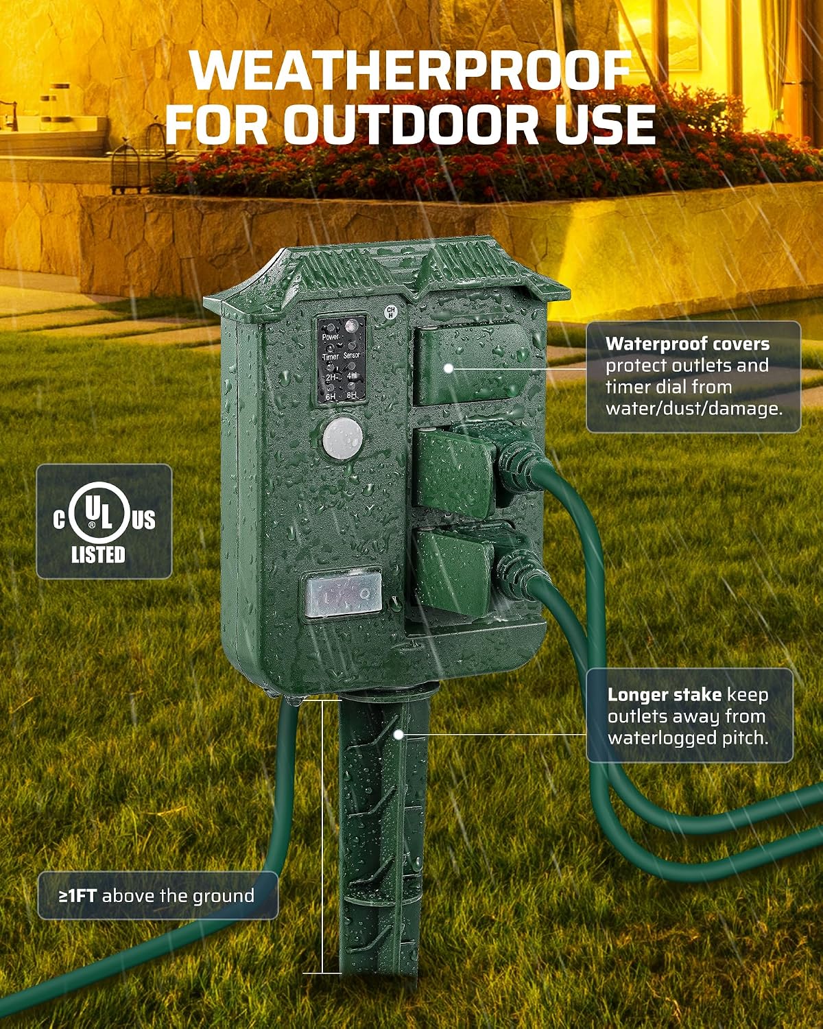 Detalle 1 de DEWENWILS Outdoor Power Stake Timer with 6 Outlets and Remote Control