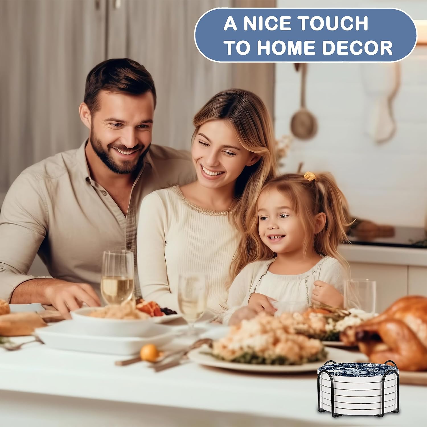Detalle de Anchor Navy Blue 6-Pack Absorbent Ceramic Coasters with Cork Base & Holder (10cm)