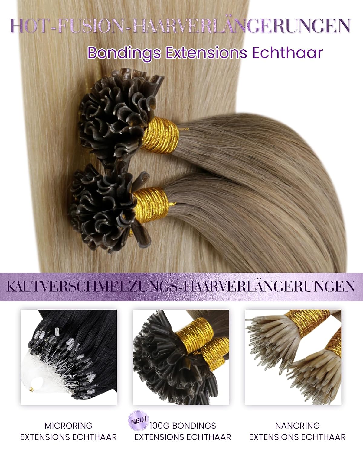 Thumbnail 6 de LaaVoo Extensions Echthaar Bondings Blond Ombre 50 cm – Keratin U-Tip Echthaar Bonding Extensions