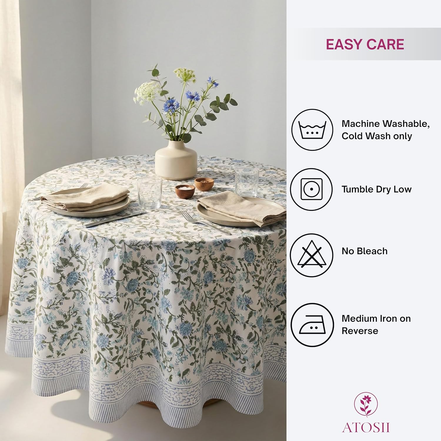 Detalle de ATOSII Mahoka Blue 90-Inch Round 100% Cotton Tablecloth