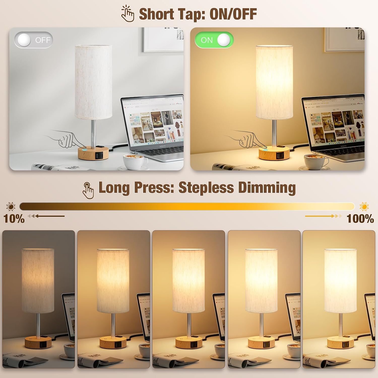 Detalle 2 de Touch Bedside Table Lamp with Wood-Grain Base