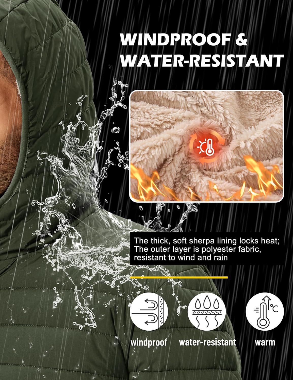 Detalle 1 de TACVASEN Men's Hooded Sherpa-Lined Puffer Jacket, Water-Resistant Polyester