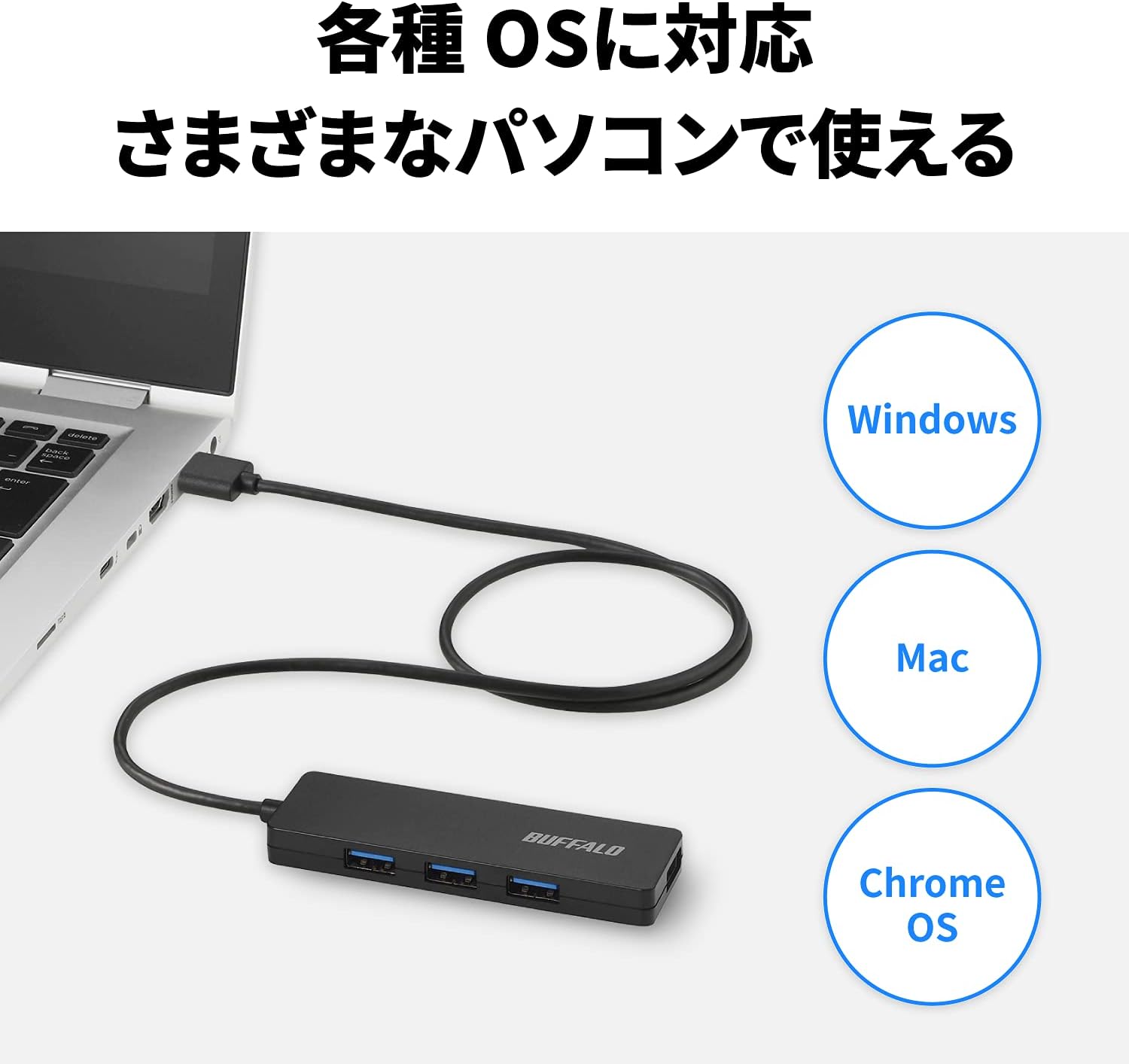 Detalle 2 de バッファロー BSH4U12560U3BK USB 3.0対応4ポートUSBハブ、バスパワー・60cmケーブル直付け