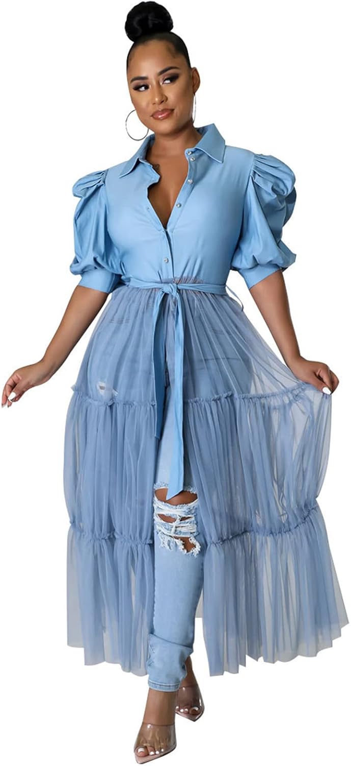 Thumbnail 5 de Ekaliy Women Sexy Short Sleeve Bodycon High Low Asymmetrical Ruffle Tunics Blouse Shirt Top Dress