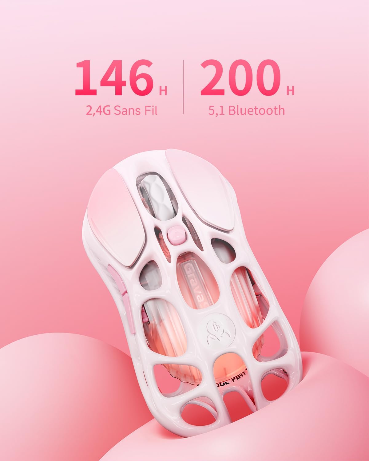 Detalle 2 de GravaStar Mercury M1 Pro – Souris gaming ergonomique en alliage de magnésium léger, triple connexion 2,4G/filaire/Bluetooth