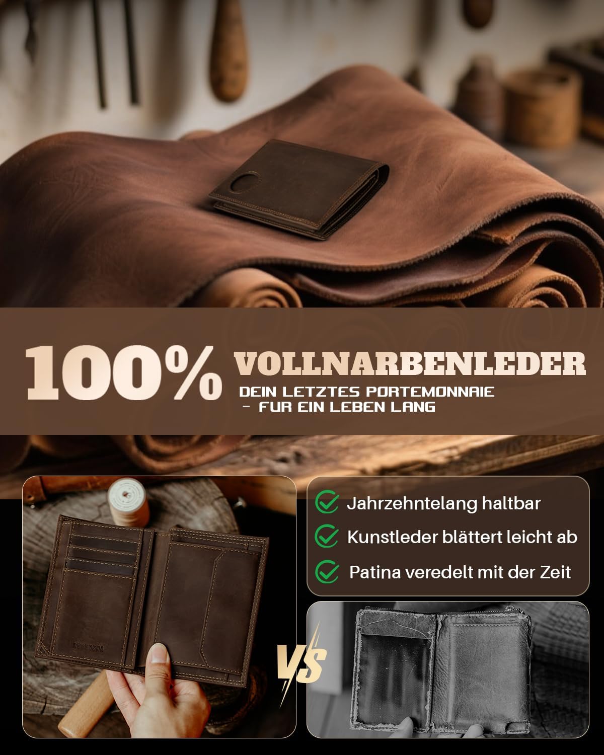 Detalle de DODENSHA Portmonee Herren mit Airtag Fach und RFID-Schutz – XXL Geldbörse aus Echtsleder, 13 Karten, 20 Münzen