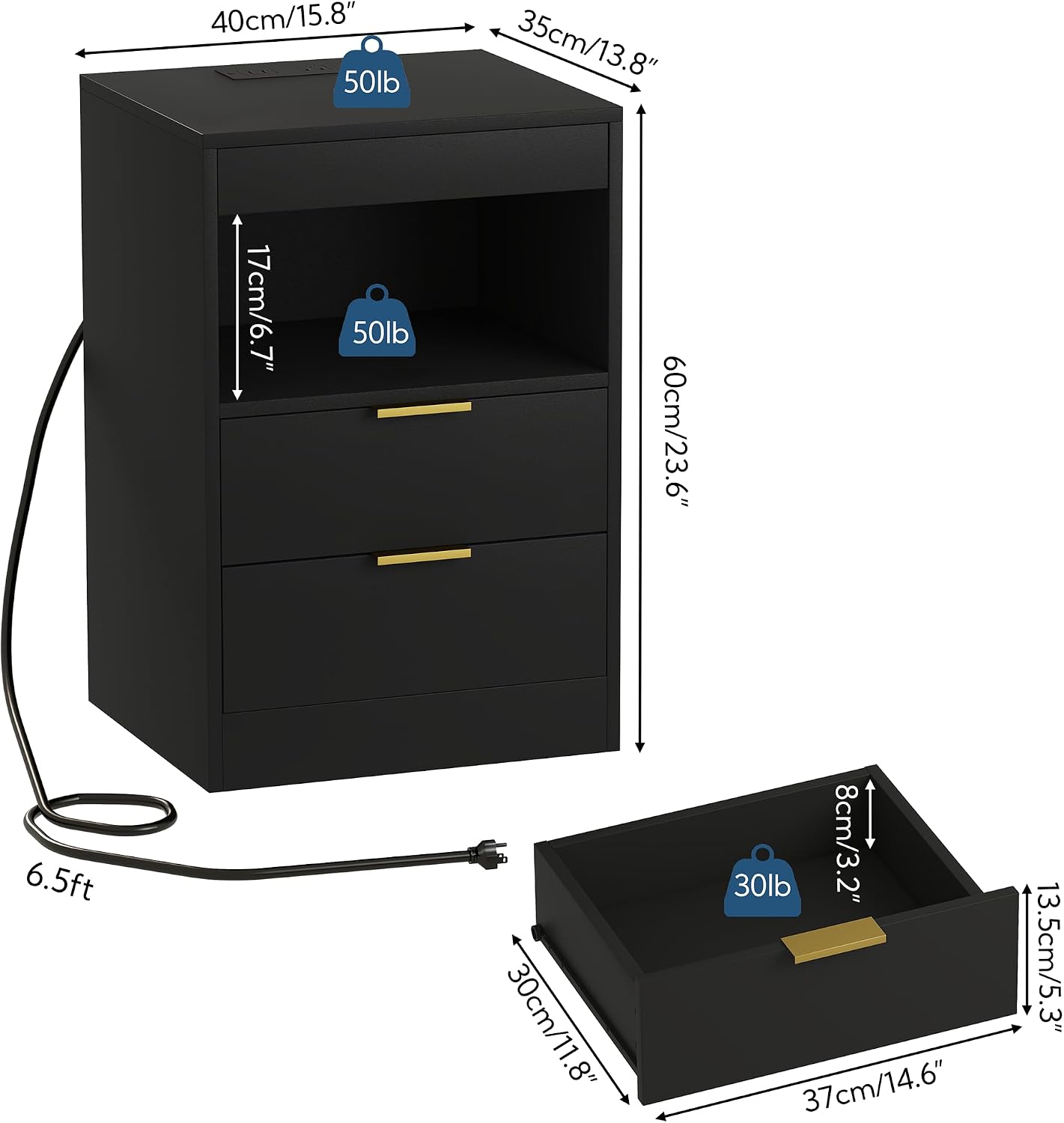 Detalle de Yusong LED Nightstand with Charging Station, 2 Drawers and RGB Lights